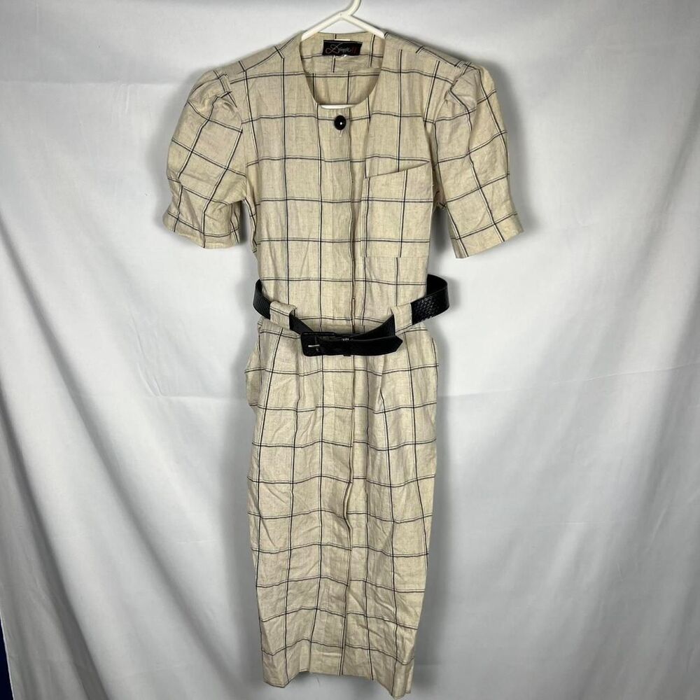 Ultimate 80s VINTAGE Linen Blend Plaid Power Dress ILGWU‎